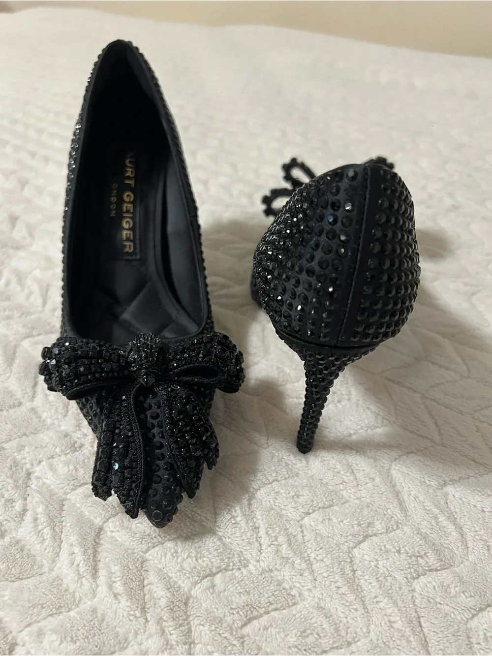 Kurt Geiger Black Sequin Bow Quilted Flats